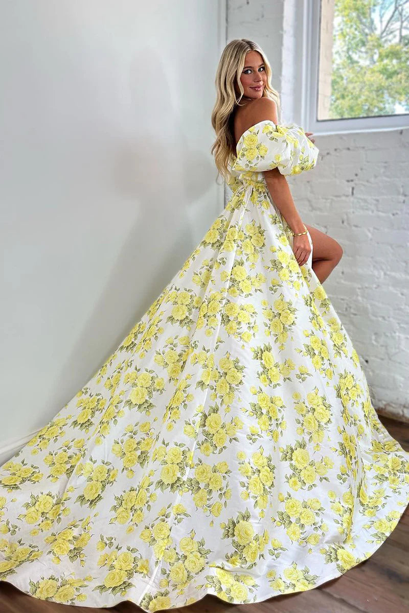 Sweetheart Floral Print Satin Cute Ball Gown Long Prom Dress